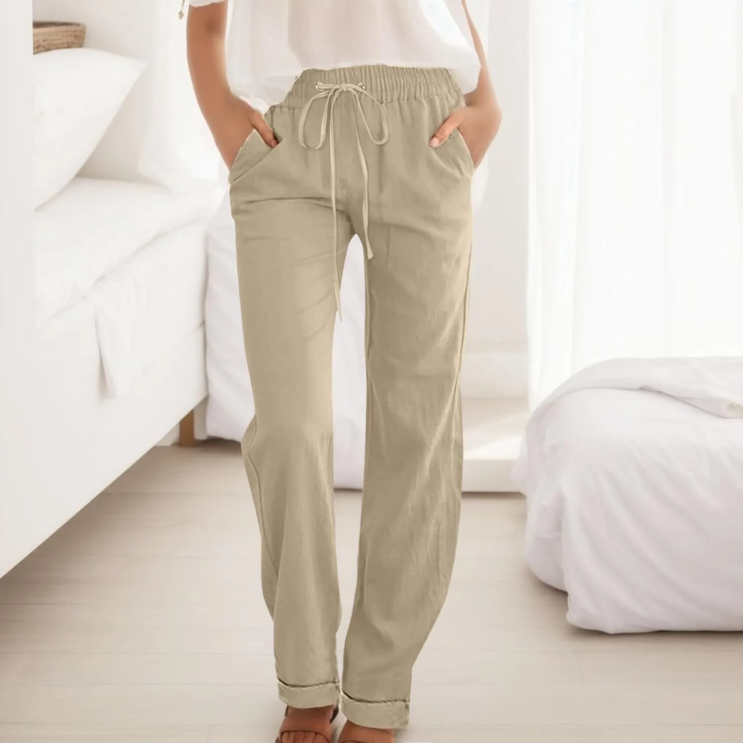 Women Linen Blend Summer Tie Knot Pant Trousers Elastic Waisted Lounge Pants Slim Fit Palazzo Pants Work Business