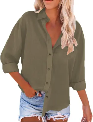 Women Linen Button Down Shirt Button Down Blouses Tops Sleeve Christmas Fall Jacket Dress Shirts for Women Blouse Blue