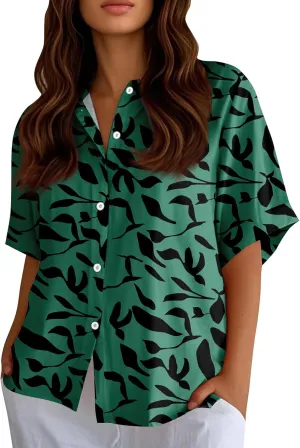 Women Linen Button Down Shirt Half Sleeve Collared Cotton Blouses Floral Printed Summer Beach Loose Casual Tops