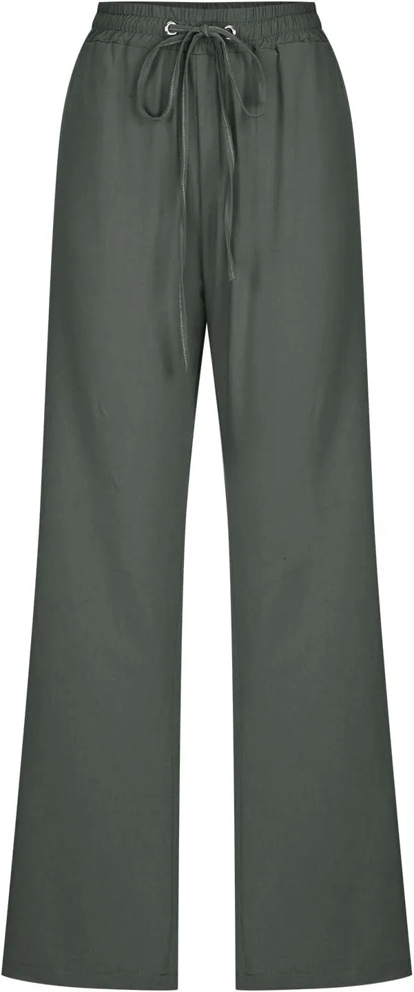 Women Linen Pants Casual Straight Leg Pants Drawstring Waist Long Pants Comfy Work Trousers Summer Jogger Pants Plus