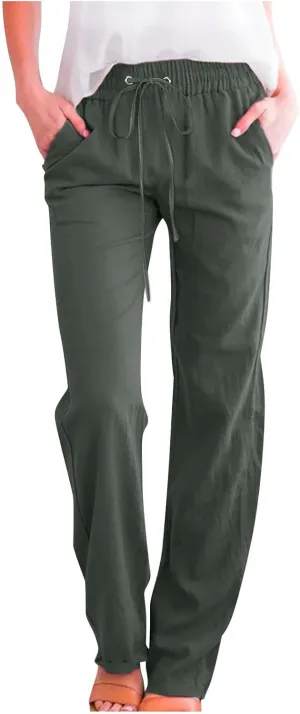 Women Linen Pants Casual Straight Leg Pants Drawstring Waist Long Pants Comfy Work Trousers Summer Jogger Pants Plus