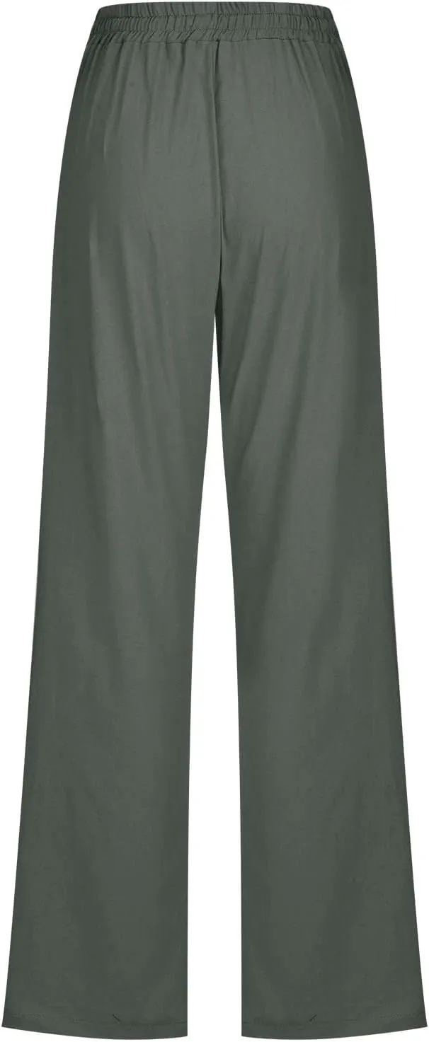 Women Linen Pants Casual Straight Leg Pants Drawstring Waist Long Pants Comfy Work Trousers Summer Jogger Pants Plus