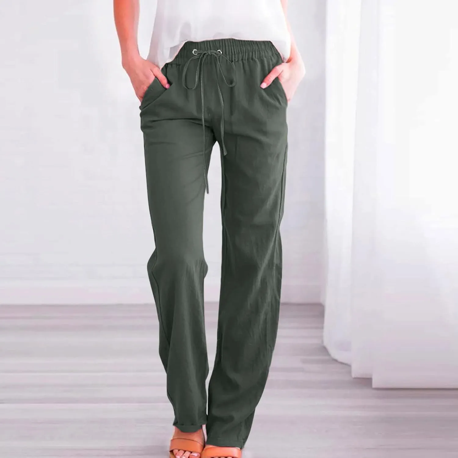 Women Linen Pants Casual Straight Leg Pants Drawstring Waist Long Pants Comfy Work Trousers Summer Jogger Pants Plus