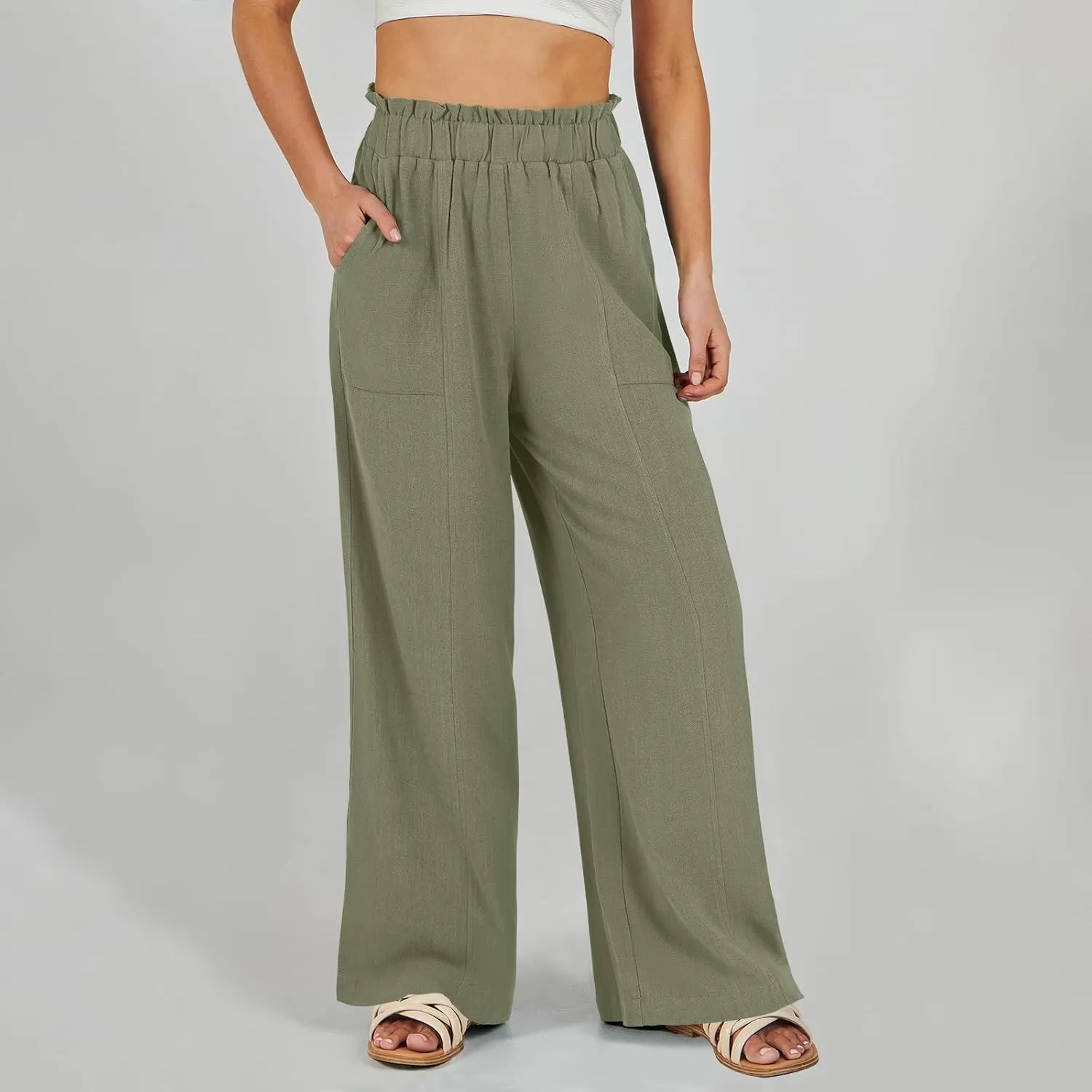 Women Linen Pants Summer Wide Leg Pants with Pockets Ruffle Palazzo Pants Flowy Boho Beach Pants Lounge Pant