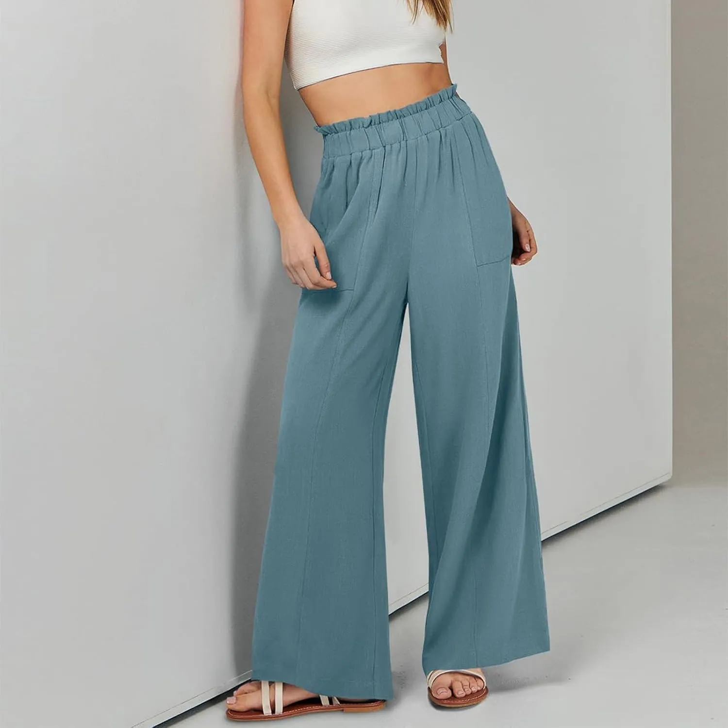Women Linen Pants Summer Wide Leg Pants with Pockets Ruffle Palazzo Pants Flowy Boho Beach Pants Lounge Pant