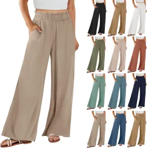 Women Linen Pants Summer Wide Leg Pants with Pockets Ruffle Palazzo Pants Flowy Boho Beach Pants Lounge Pant