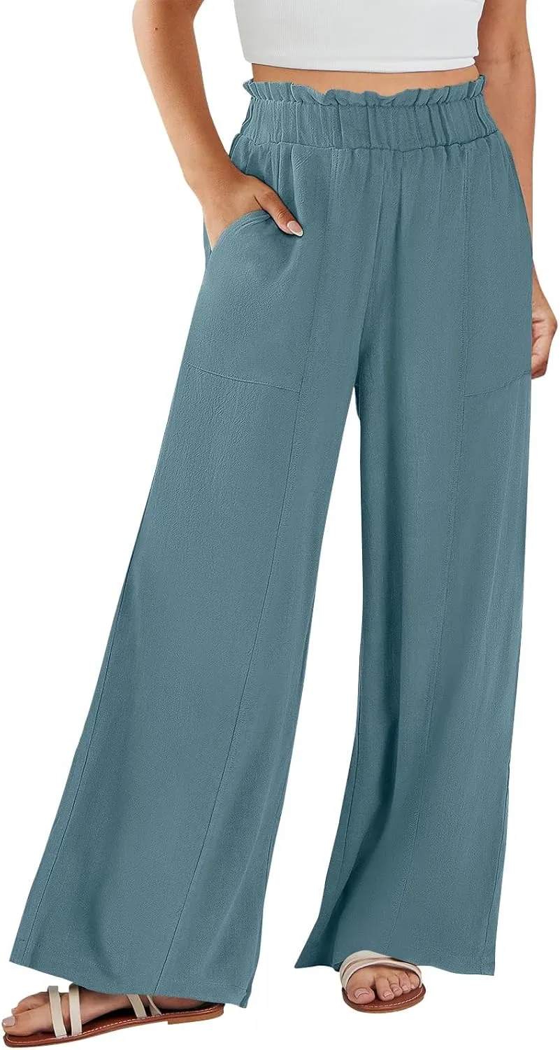 Women Linen Pants Summer Wide Leg Pants with Pockets Ruffle Palazzo Pants Flowy Boho Beach Pants Lounge Pant