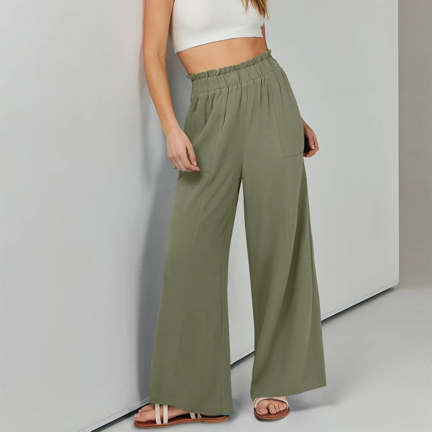 Women Linen Pants Summer Wide Leg Pants with Pockets Ruffle Palazzo Pants Flowy Boho Beach Pants Lounge Pant