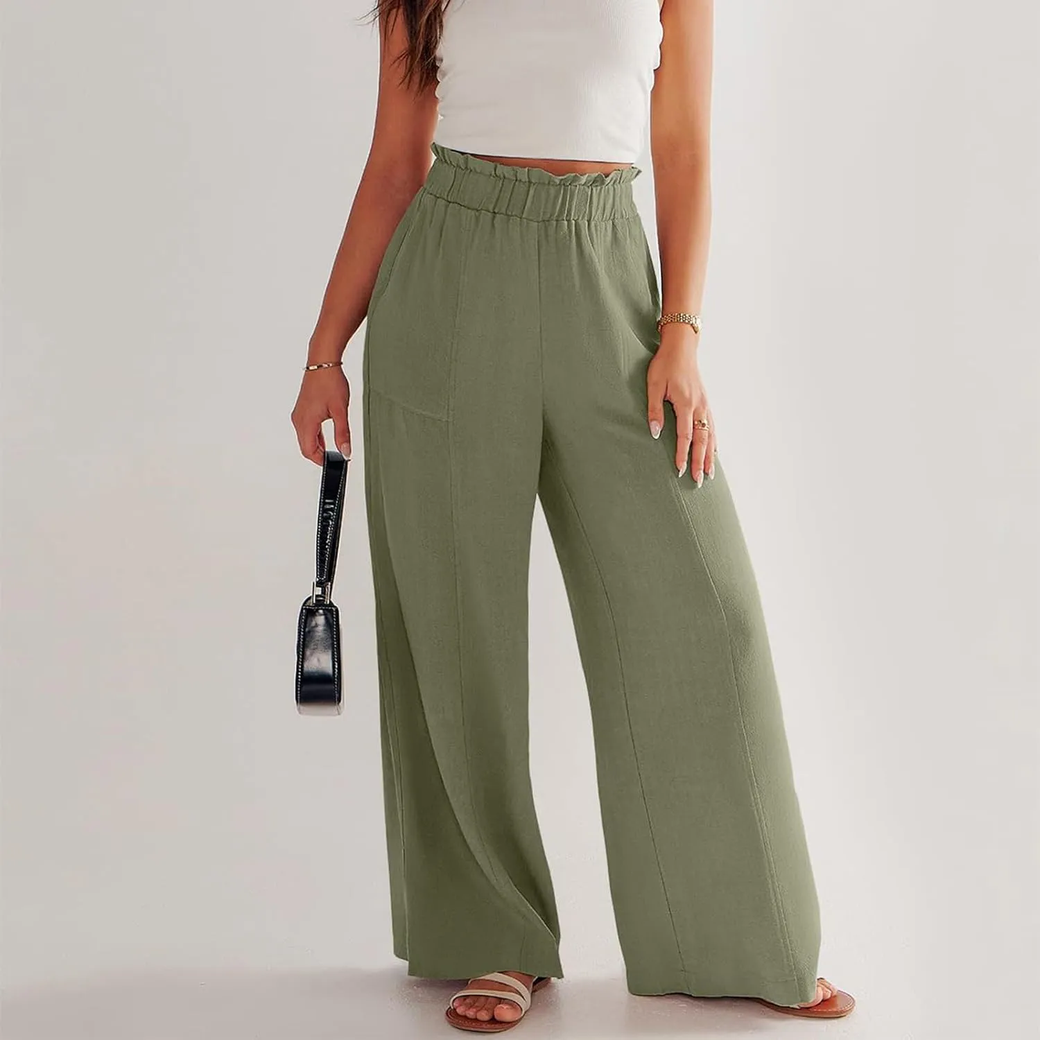 Women Linen Pants Summer Wide Leg Pants with Pockets Ruffle Palazzo Pants Flowy Boho Beach Pants Lounge Pant