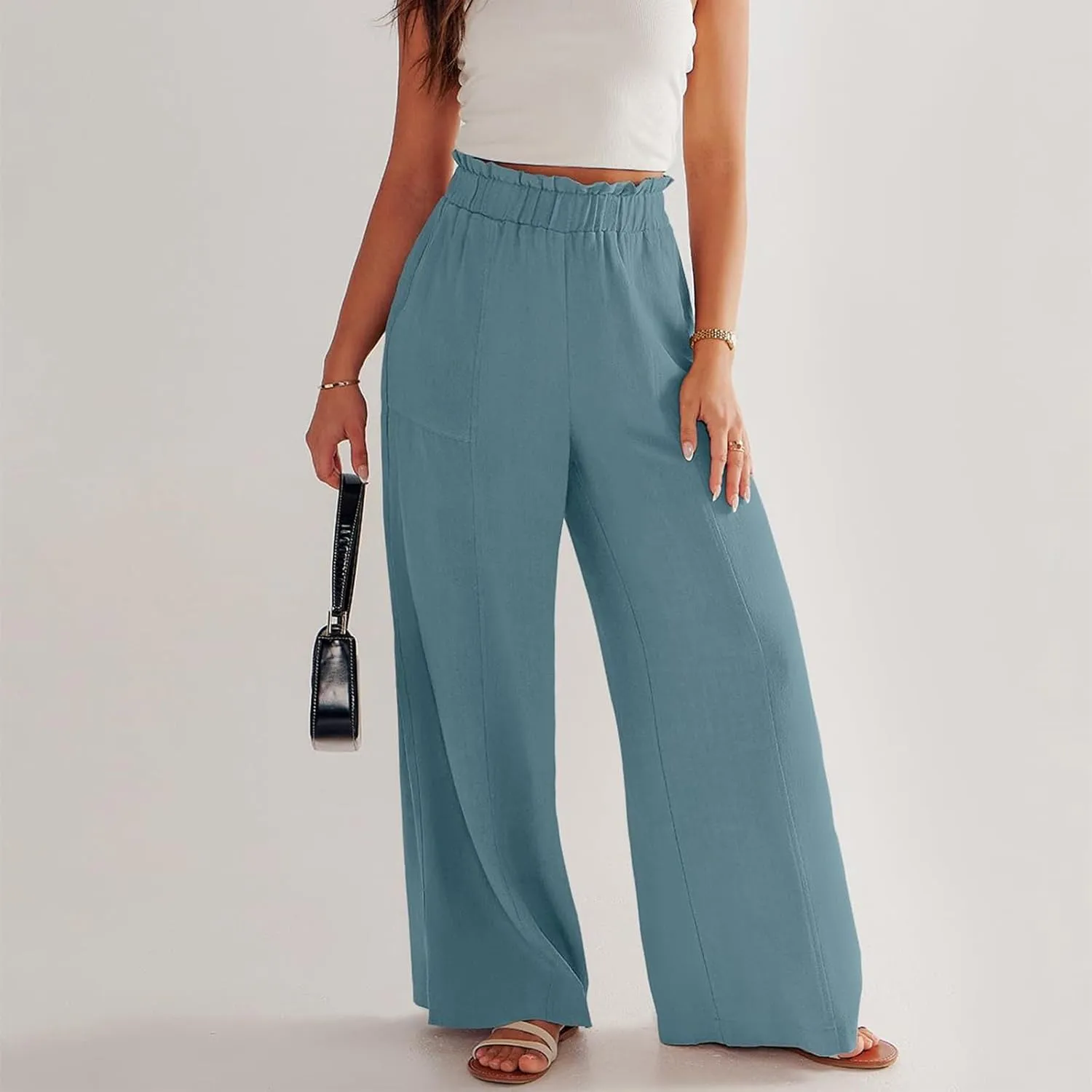 Women Linen Pants Summer Wide Leg Pants with Pockets Ruffle Palazzo Pants Flowy Boho Beach Pants Lounge Pant