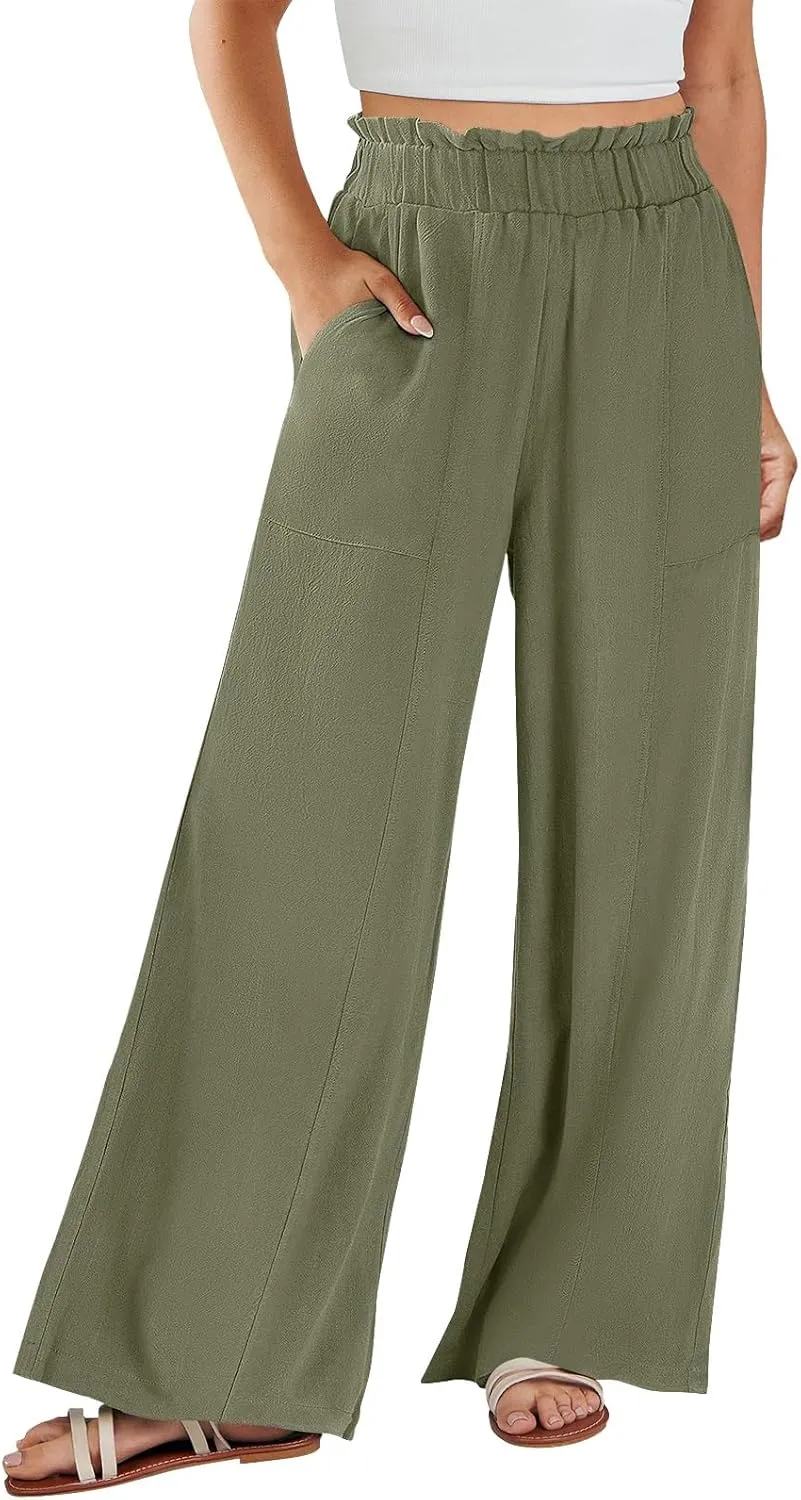 Women Linen Pants Summer Wide Leg Pants with Pockets Ruffle Palazzo Pants Flowy Boho Beach Pants Lounge Pant