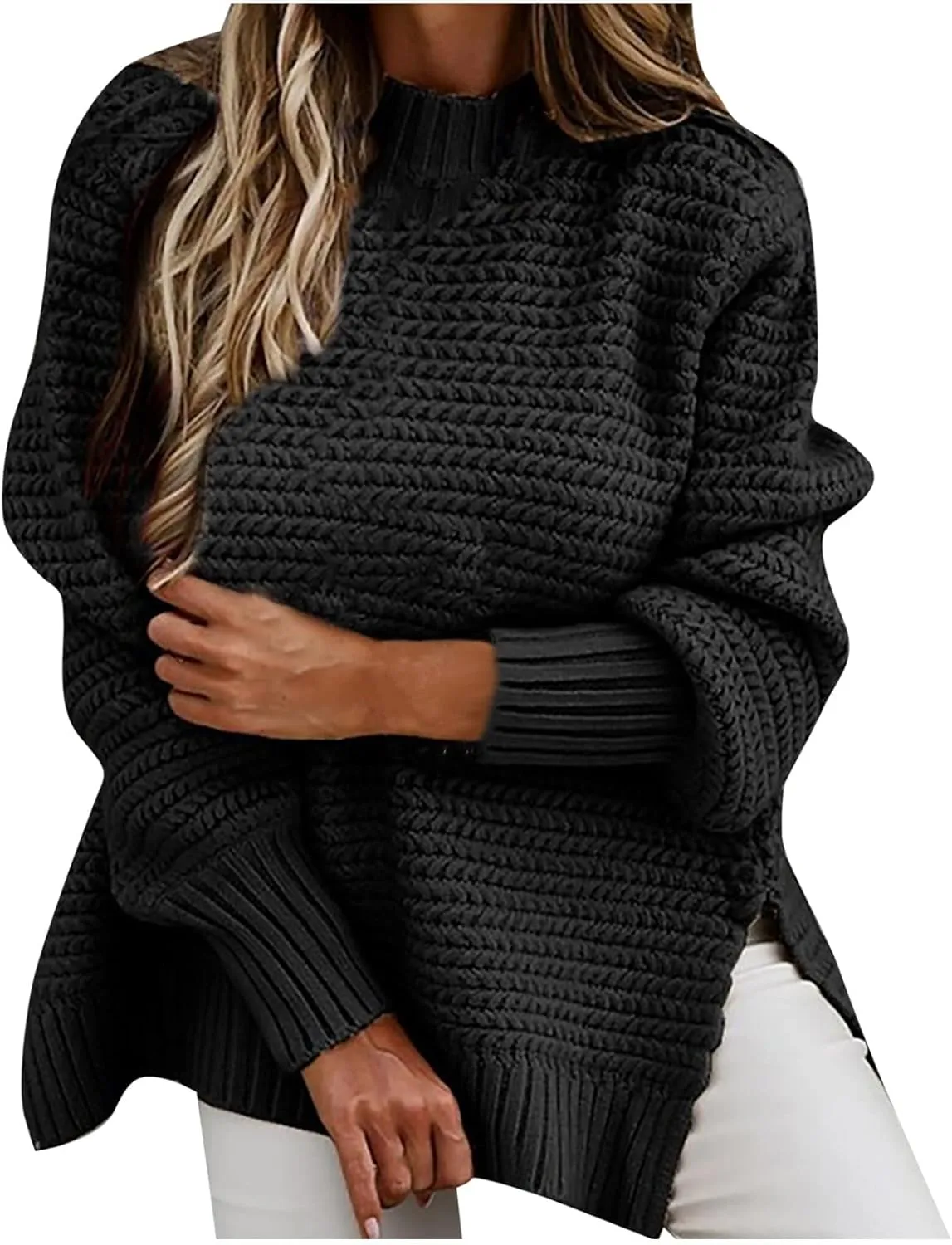 Women Oversized Chunky Cable Knit Sweaters 2024 Fashion Side Slit Hem Lantern Sleeve Crewneck Loose Fit Pullover