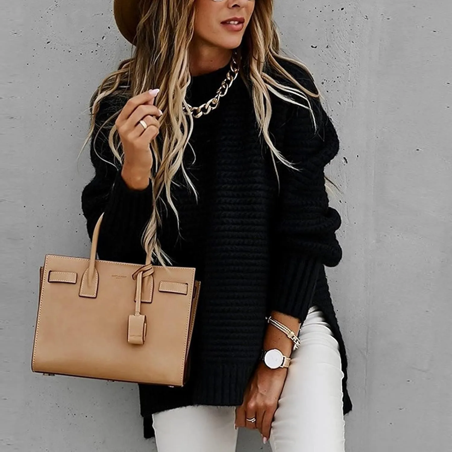 Women Oversized Chunky Cable Knit Sweaters 2024 Fashion Side Slit Hem Lantern Sleeve Crewneck Loose Fit Pullover