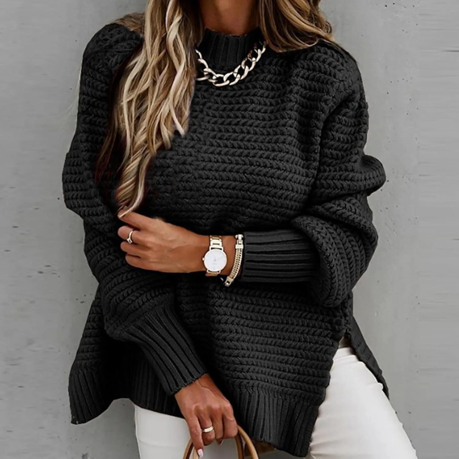 Women Oversized Chunky Cable Knit Sweaters 2024 Fashion Side Slit Hem Lantern Sleeve Crewneck Loose Fit Pullover