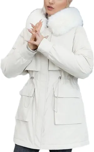 Women Plush Hooded Cotton-Padded Jacket Casual Mid-Long Thick Button Zipper Parka Coat