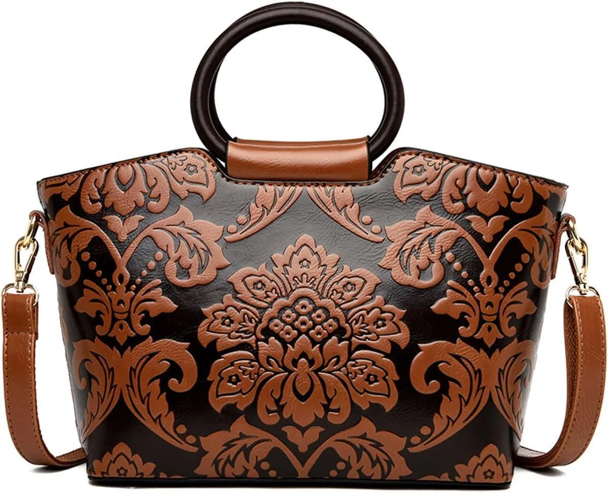 Women Purse and Handbag Floral Print Embossed Top Handle Satchel PU Leather Shoulder Bag Vintage Work Crossbody Tote, Brown