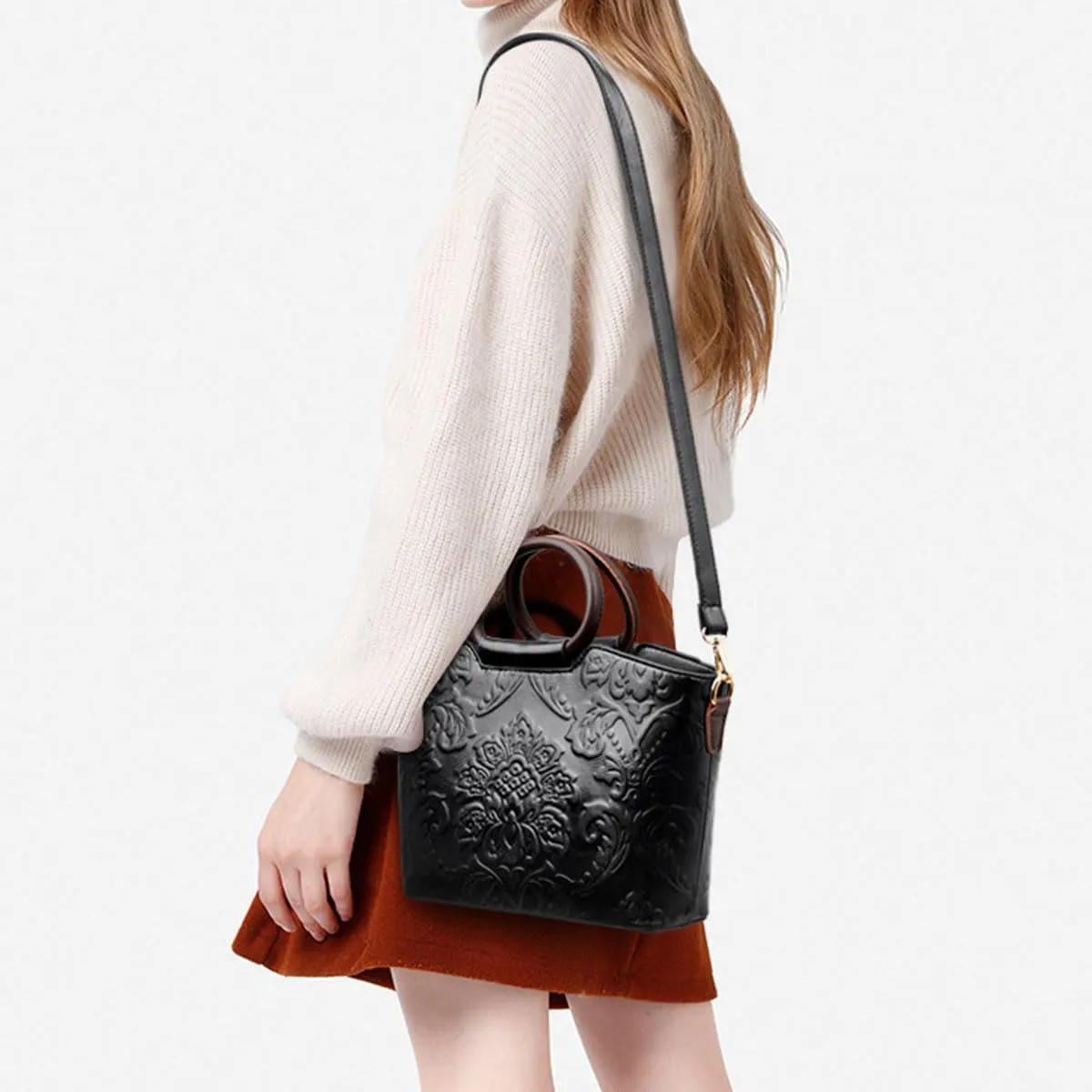 Women Purse and Handbag Floral Print Embossed Top Handle Satchel PU Leather Shoulder Bag Vintage Work Crossbody Tote