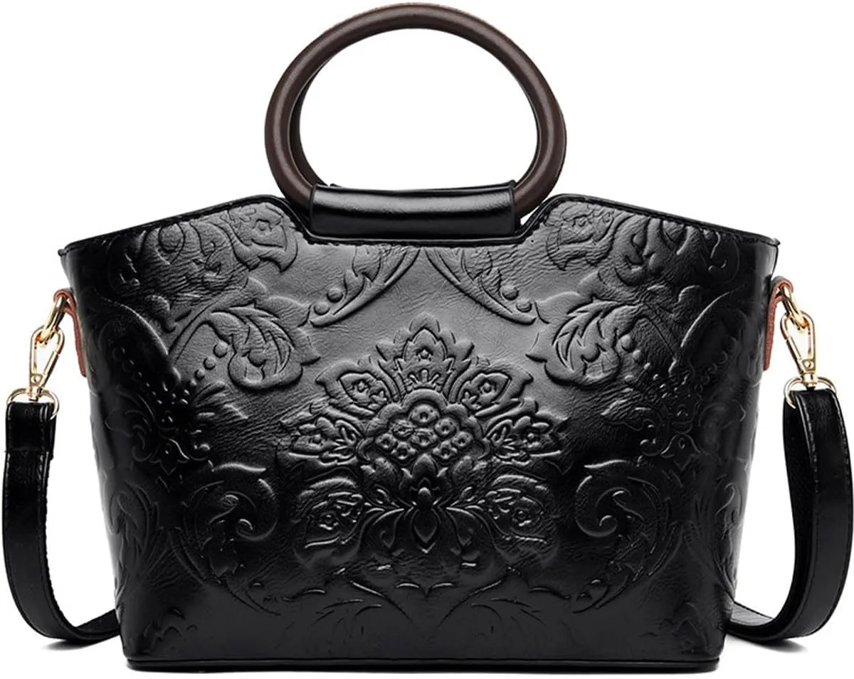 Women Purse and Handbag Floral Print Embossed Top Handle Satchel PU Leather Shoulder Bag Vintage Work Crossbody Tote