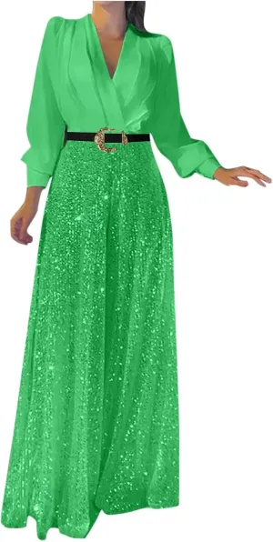 Women Sequins Jumpsuits Clubwear Long Sleeve V-Neck Party Evening Outfit Belted High Waist Wide Leg Trouser Pantsuits