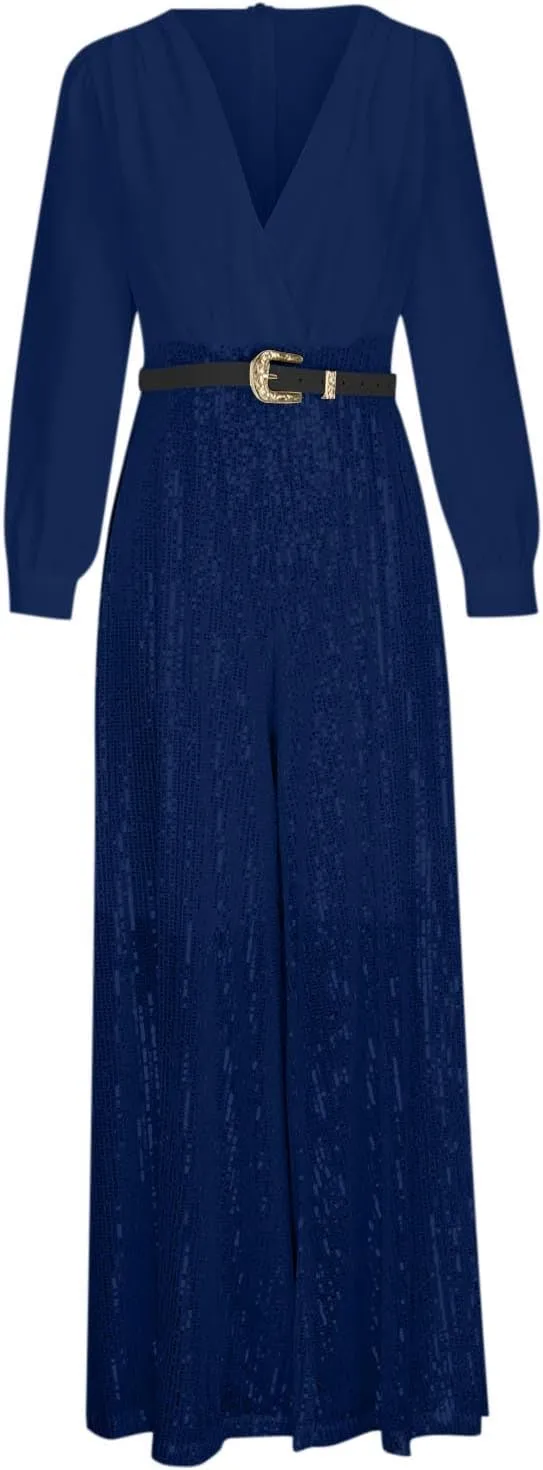 Women Sequins Jumpsuits Clubwear Long Sleeve V-Neck Party Evening Outfit Belted High Waist Wide Leg Trouser Pantsuits