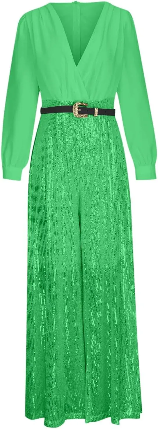 Women Sequins Jumpsuits Clubwear Long Sleeve V-Neck Party Evening Outfit Belted High Waist Wide Leg Trouser Pantsuits