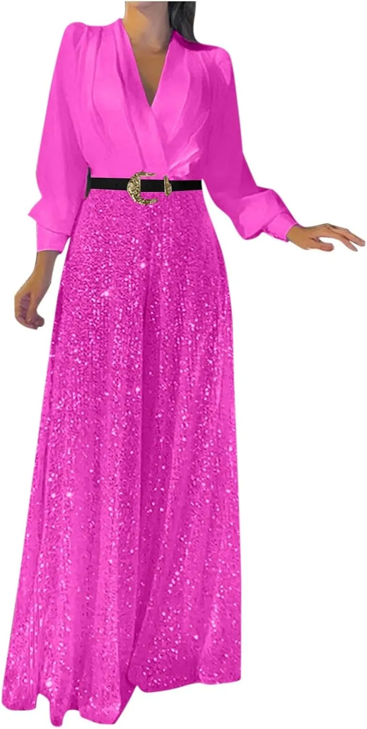 Women Sequins Jumpsuits Clubwear Long Sleeve V-Neck Party Evening Outfit Belted High Waist Wide Leg Trouser Pantsuits