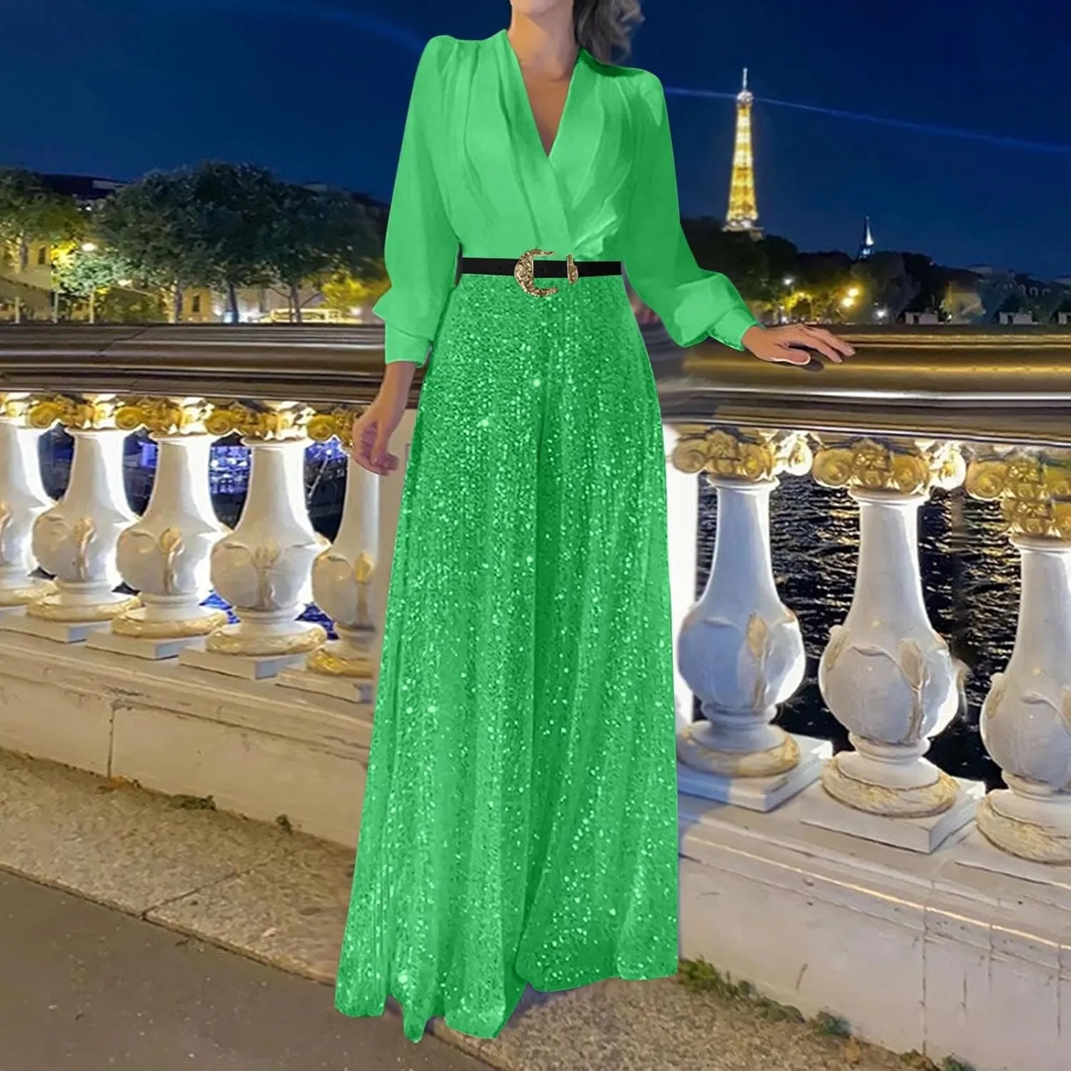 Women Sequins Jumpsuits Clubwear Long Sleeve V-Neck Party Evening Outfit Belted High Waist Wide Leg Trouser Pantsuits