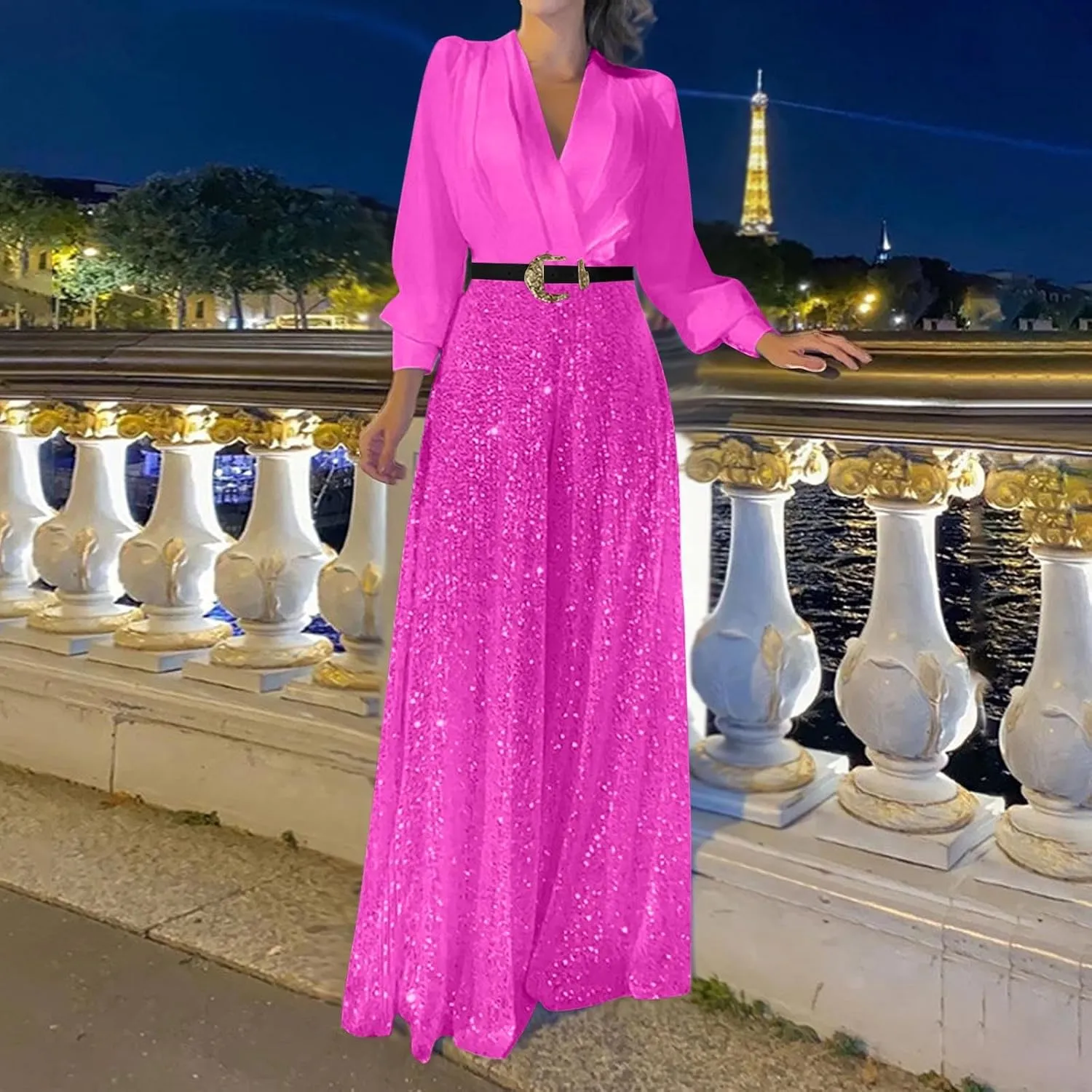 Women Sequins Jumpsuits Clubwear Long Sleeve V-Neck Party Evening Outfit Belted High Waist Wide Leg Trouser Pantsuits