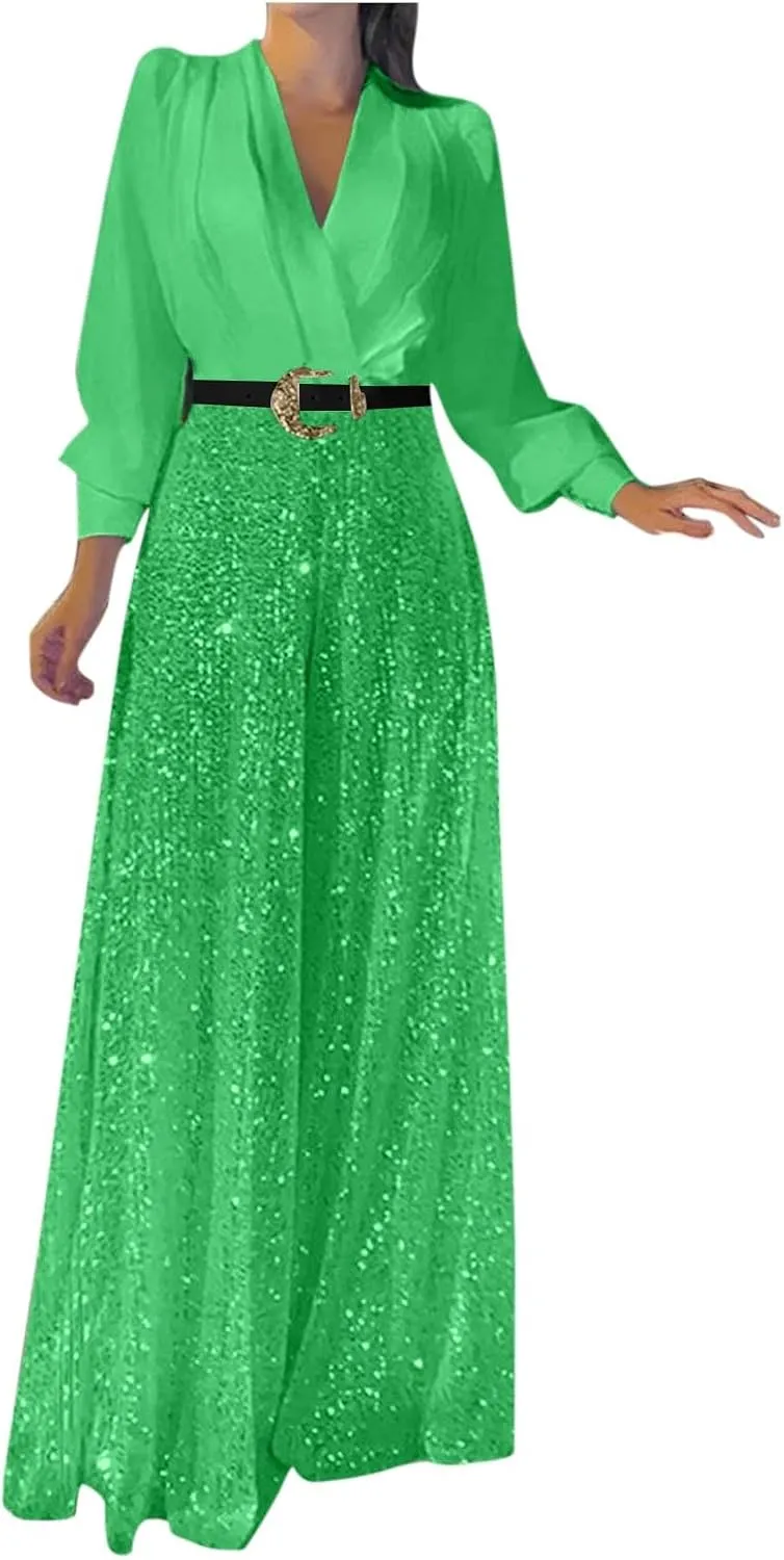 Women Sequins Jumpsuits Clubwear Long Sleeve V-Neck Party Evening Outfit Belted High Waist Wide Leg Trouser Pantsuits