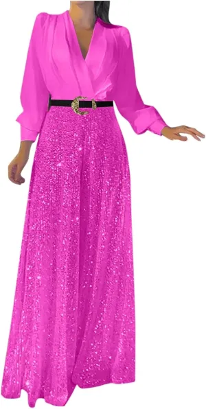 Women Sequins Jumpsuits Clubwear Long Sleeve V-Neck Party Evening Outfit Belted High Waist Wide Leg Trouser Pantsuits