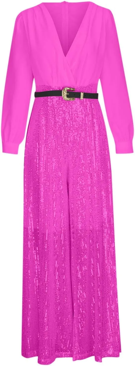 Women Sequins Jumpsuits Clubwear Long Sleeve V-Neck Party Evening Outfit Belted High Waist Wide Leg Trouser Pantsuits