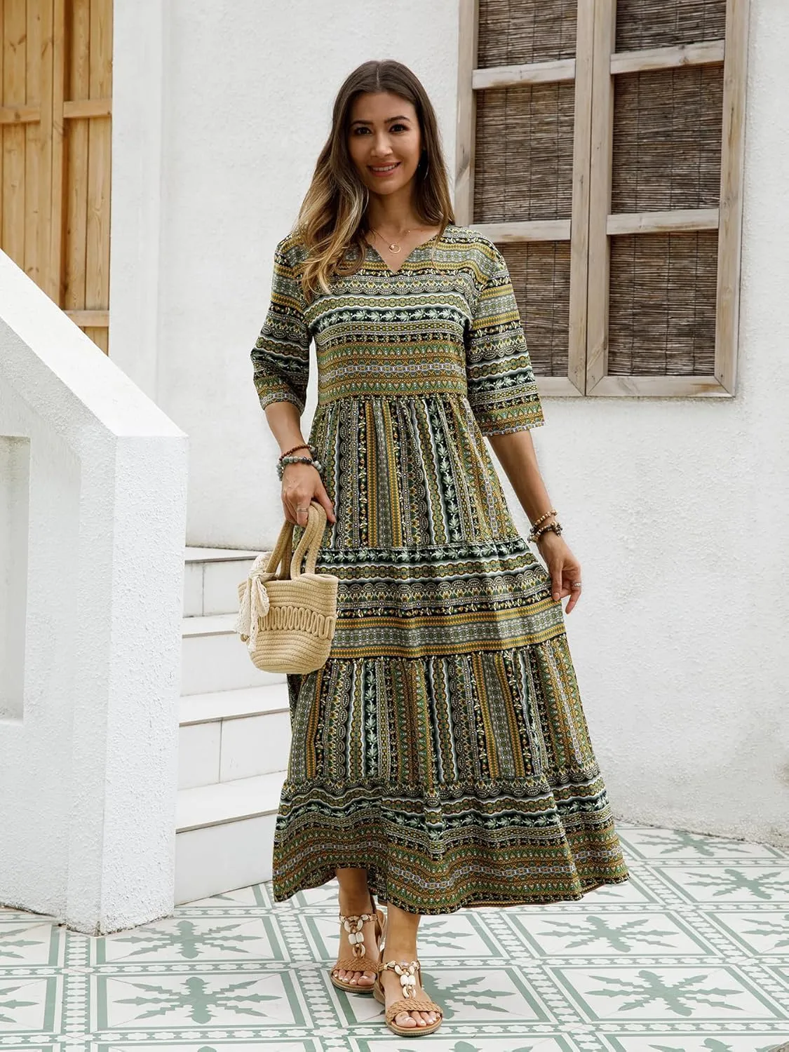Women Short Sleeves Ruffle Floral Flowy Boho Dress Long Maxi Beach Sundress
