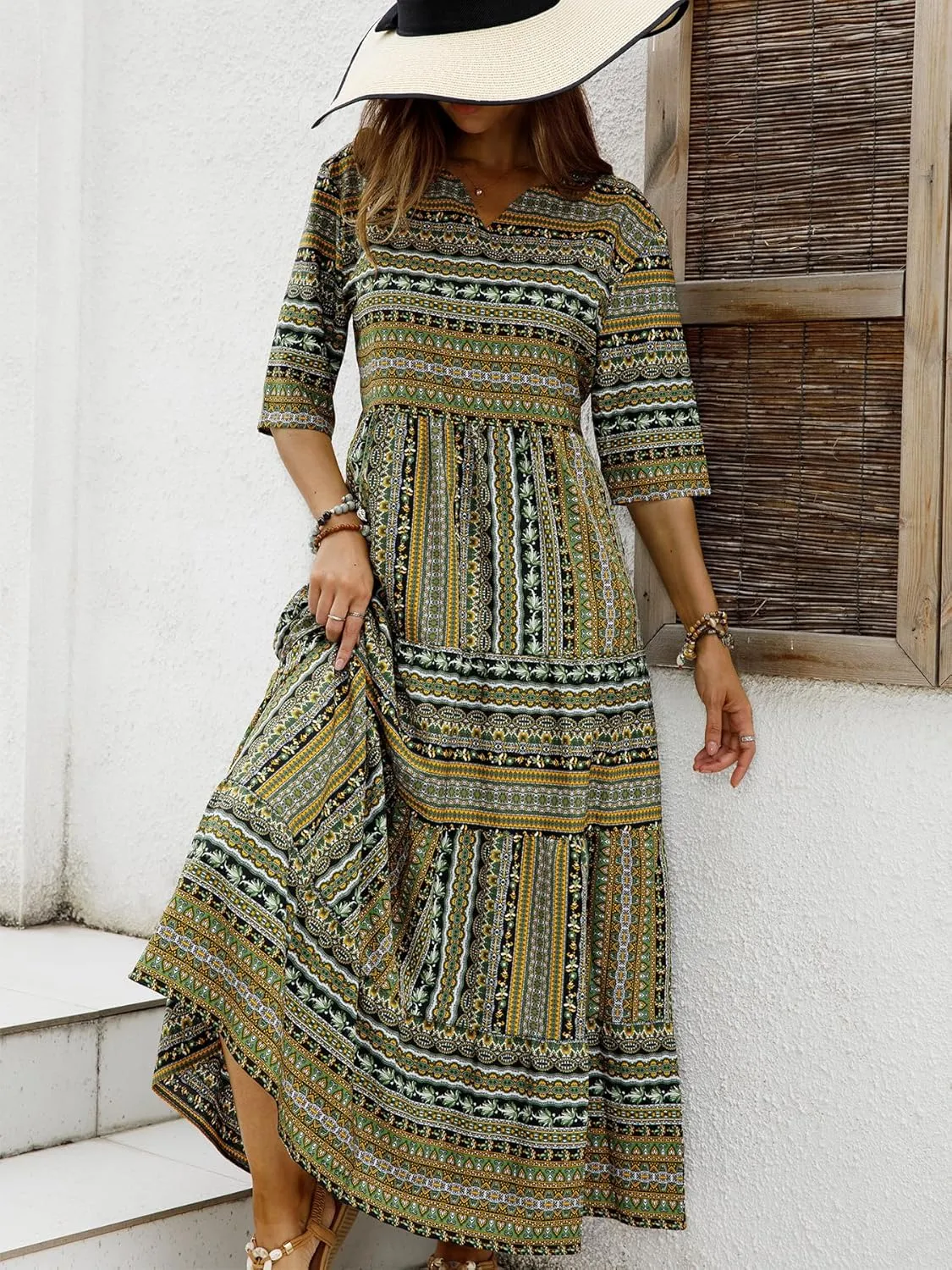 Women Short Sleeves Ruffle Floral Flowy Boho Dress Long Maxi Beach Sundress