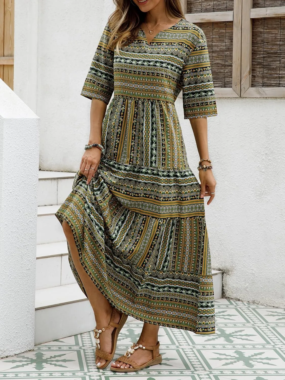 Women Short Sleeves Ruffle Floral Flowy Boho Dress Long Maxi Beach Sundress