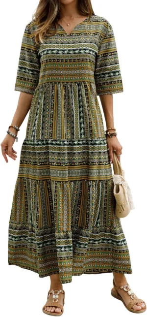 Women Short Sleeves Ruffle Floral Flowy Boho Dress Long Maxi Beach Sundress