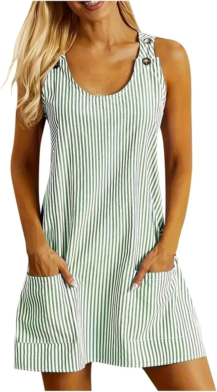 Women Summer Dresses Striped Loose Athletic Dress Sleeveeless Round Neck Hot Shot Mini Dress with Pockets