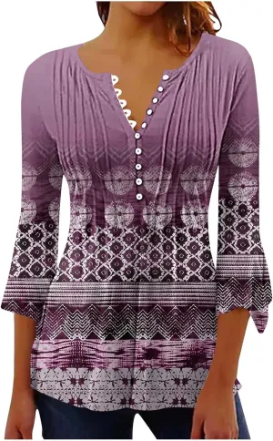 Women Summer Tops Fashion Casual Petal 3/4 Sleeve Button Down Shirts Funny Print Bohemian Empire Waist Boho Tunic Top