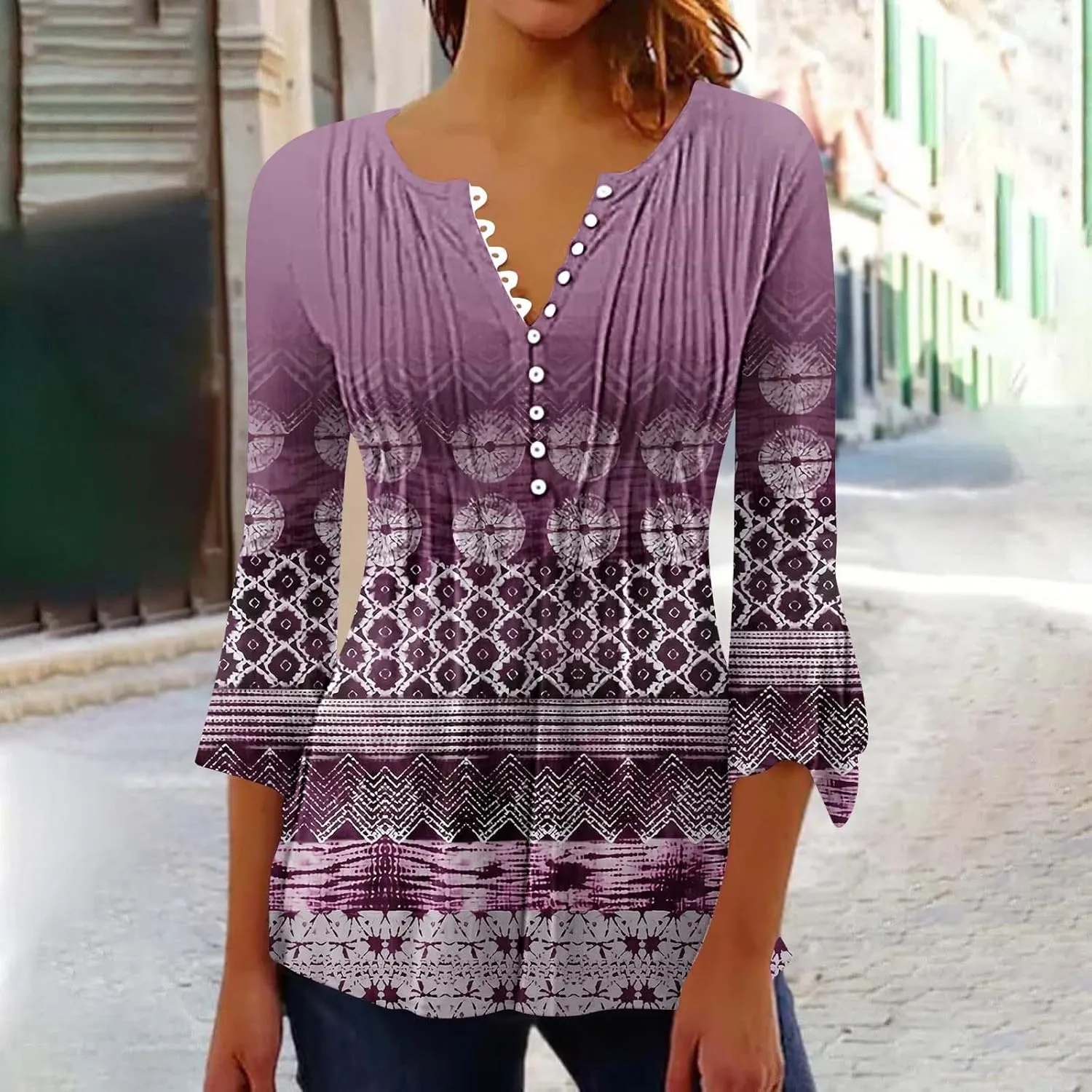 Women Summer Tops Fashion Casual Petal 3/4 Sleeve Button Down Shirts Funny Print Bohemian Empire Waist Boho Tunic Top