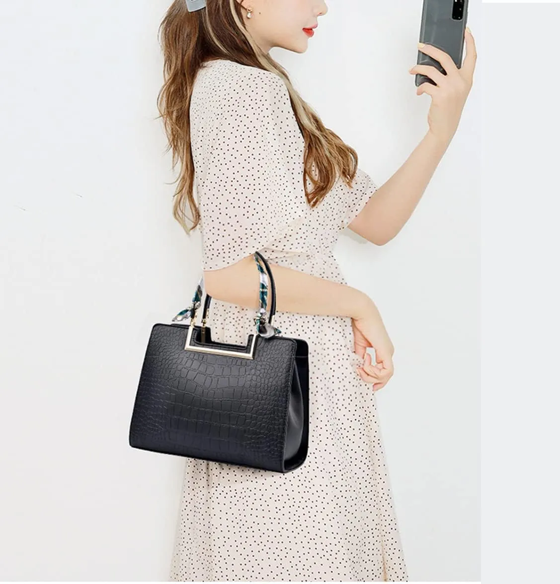 Women Top Handle Satchel Handbag Crocodile Pattern Leather Tote Elegant Large Crossbody Bag Purse with Zipper (Blue)