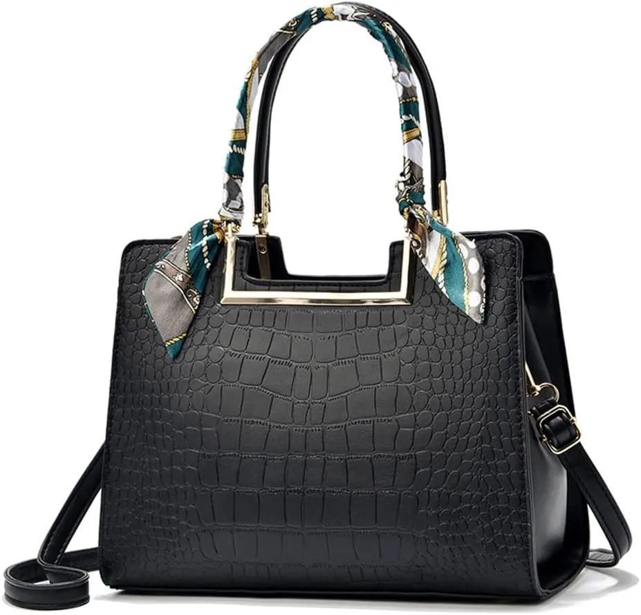 Women Top Handle Satchel Handbag Crocodile Pattern Leather Tote Elegant Large Crossbody Bag Purse with Zipper (Blue)