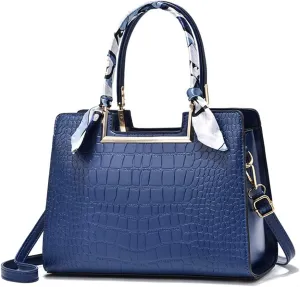 Women Top Handle Satchel Handbag Crocodile Pattern Leather Tote Elegant Large Crossbody Bag Purse with Zipper (Blue)