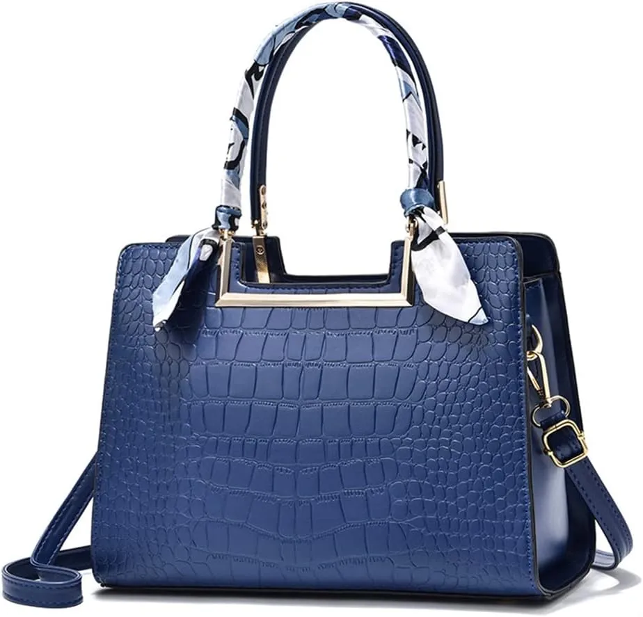 Women Top Handle Satchel Handbag Crocodile Pattern Leather Tote Elegant Large Crossbody Bag Purse with Zipper (Blue)