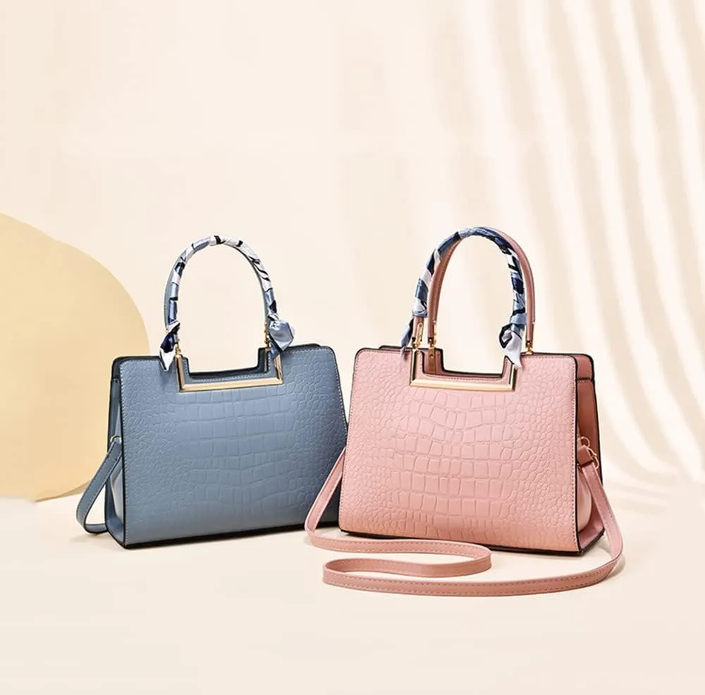 Women Top Handle Satchel Handbag Crocodile Pattern Leather Tote Elegant Large Crossbody Bag Purse with Zipper (Blue)