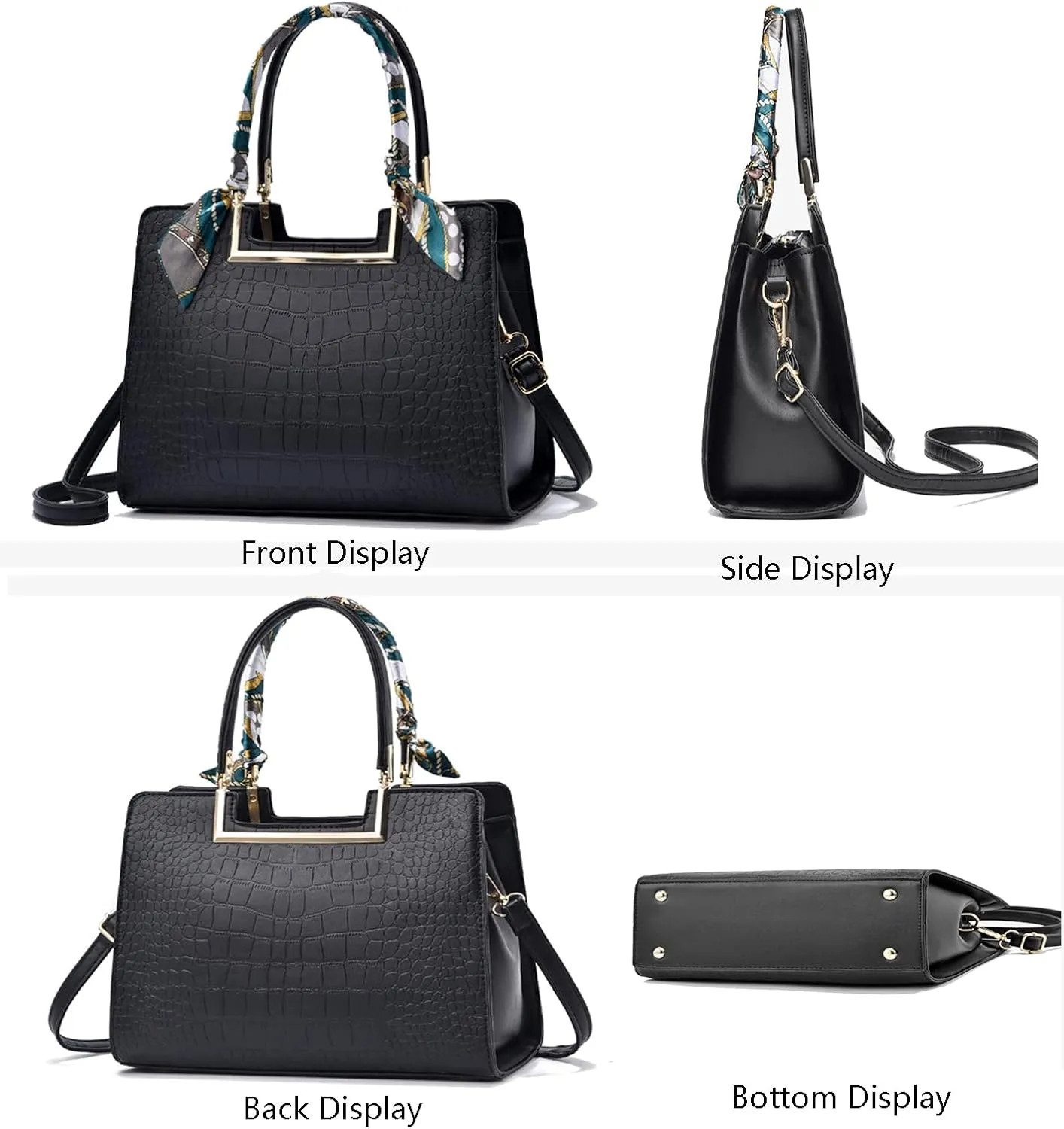 Women Top Handle Satchel Handbag Crocodile Pattern Leather Tote Elegant Large Crossbody Bag Purse with Zipper (Blue)