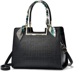 Women Top Handle Satchel Handbag Crocodile Pattern Leather Tote Elegant Large Crossbody Bag Purse with Zipper (Blue)