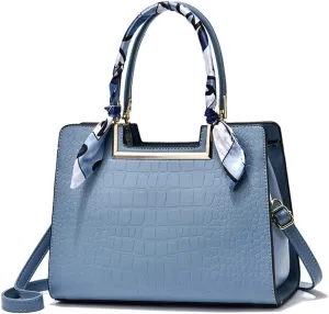 Women Top Handle Satchel Handbag Crocodile Pattern Leather Tote Elegant Large Crossbody Bag Purse with Zipper (Blue)
