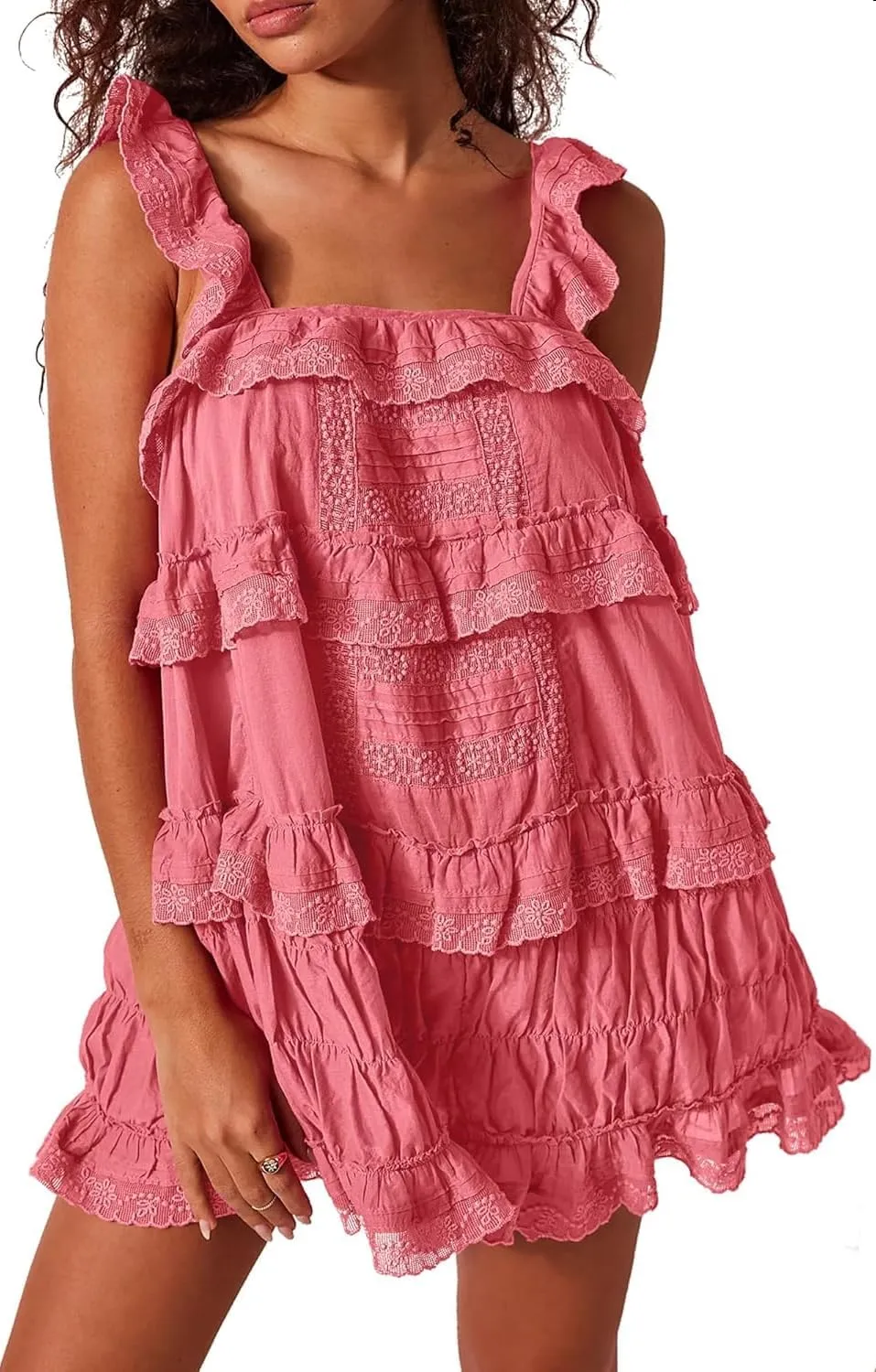 Women Y2k Flowy Ruffle Patchwork Dress Lace Slip Mini Dress Bow Tie Backless Cut Out Tiered Summer Casual Sundress