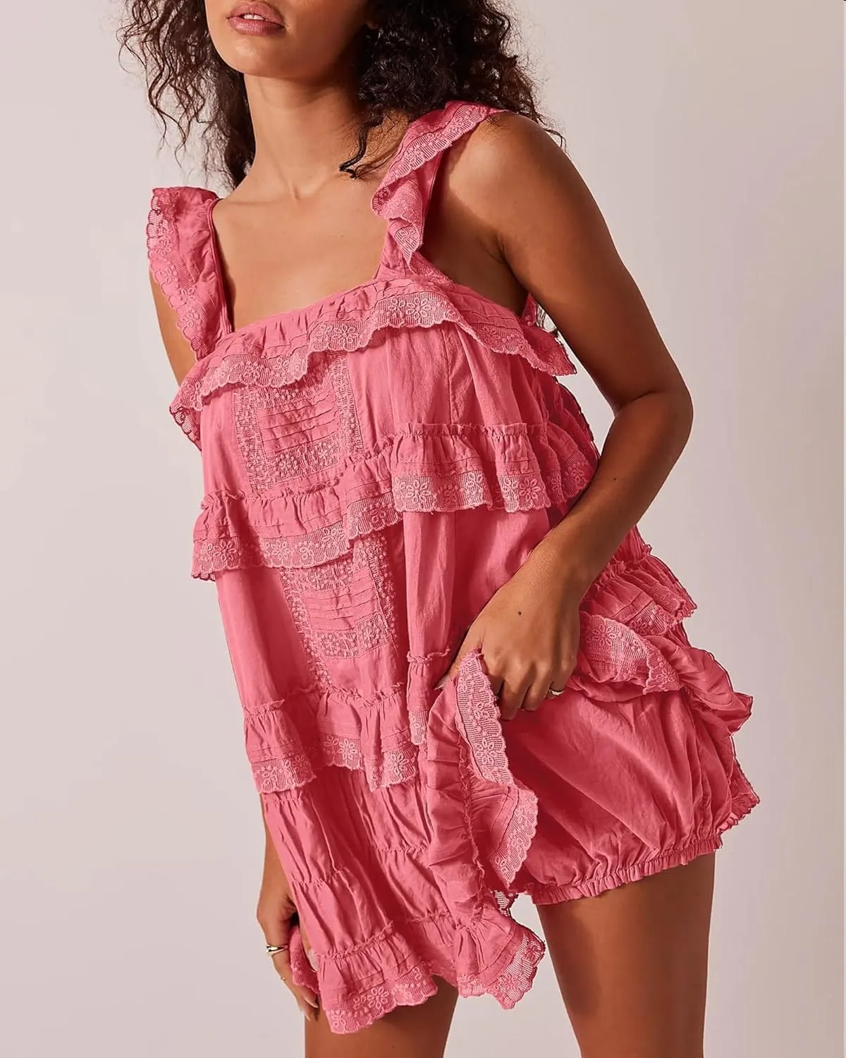 Women Y2k Flowy Ruffle Patchwork Dress Lace Slip Mini Dress Bow Tie Backless Cut Out Tiered Summer Casual Sundress