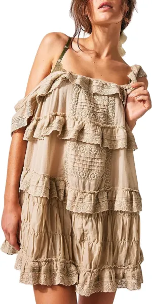 Women Y2k Flowy Ruffle Patchwork Dress Lace Slip Mini Dress Bow Tie Backless Cut Out Tiered Summer Casual Sundress