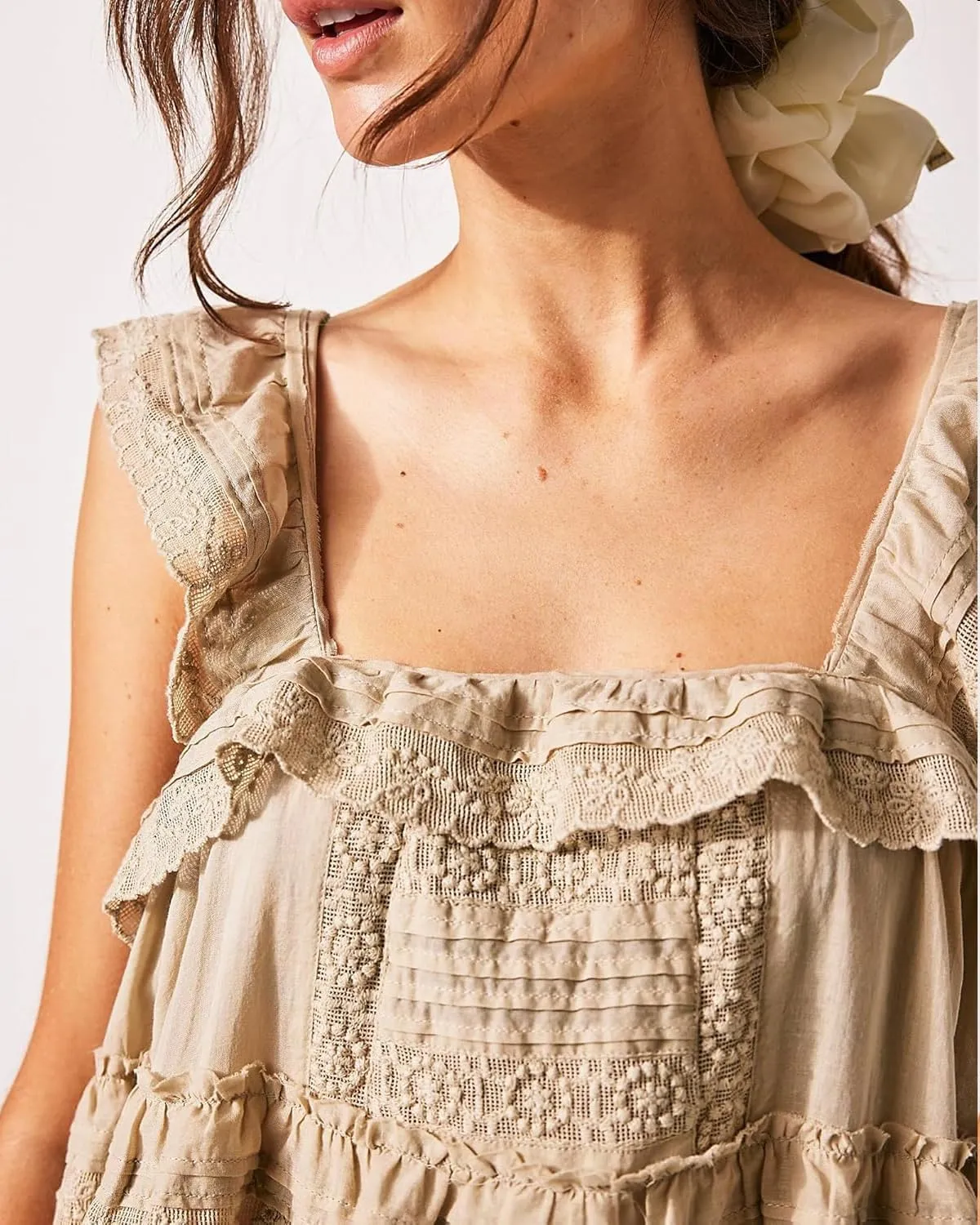Women Y2k Flowy Ruffle Patchwork Dress Lace Slip Mini Dress Bow Tie Backless Cut Out Tiered Summer Casual Sundress